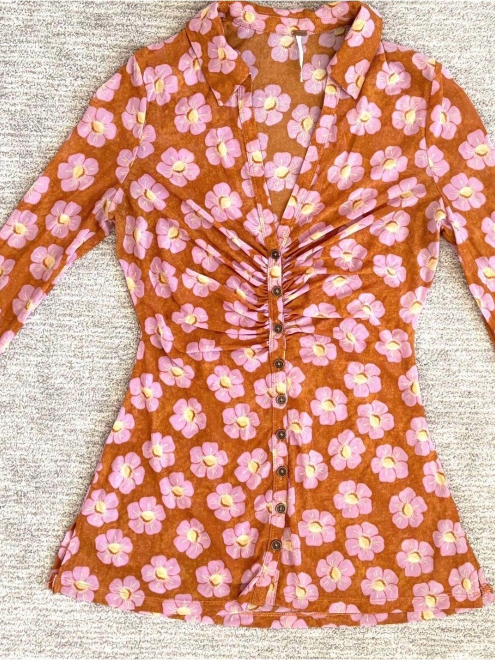 Free People Rust Orange Button-Front Floral Shirt with Pink Blooms